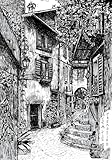 Dessin à l'encre de chine, noir et Blanc, Village Italien.