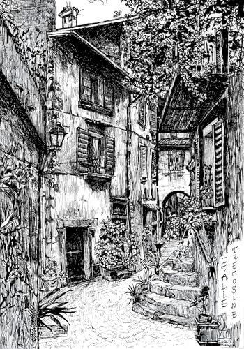 Dessin à l'encre de Chine d'un village italien en noir et blanc