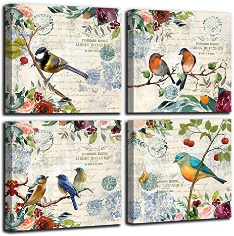 Canvas Wall Art for Bedroom Bathroom Decor Framed Wall Decoration Bird in Green Leaf Red Flower Modern Print Picture Artwork Garden Themed Ready to Hang for Kitchen Wall Decor Size 14x14 Each Panel