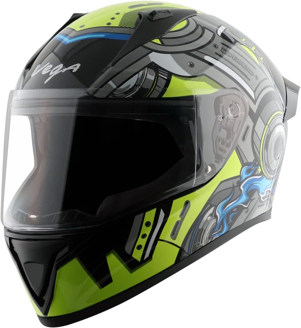 Vega Bolt Superhero ISI Certified Full Face Motorcycle Helmet with Impact Resistant ABS Shell High Density EPS Liner Scratch Resistant Visor Quick Release Buckle Comfortable Inner Padding Black Neon Yellow Helmet-M