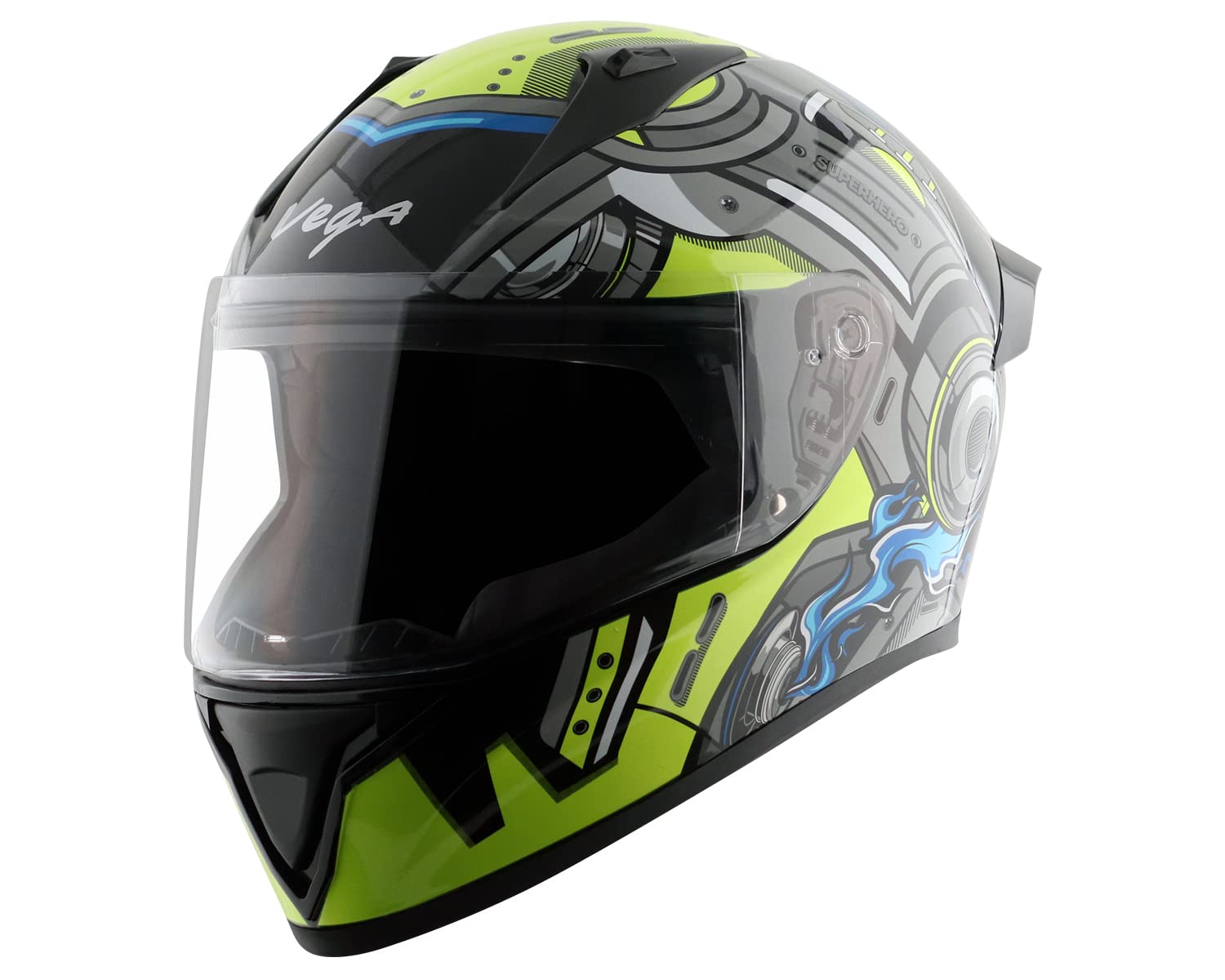 Vega Bolt Superhero Full Face Helmet Black Neon Yellow - Image 1