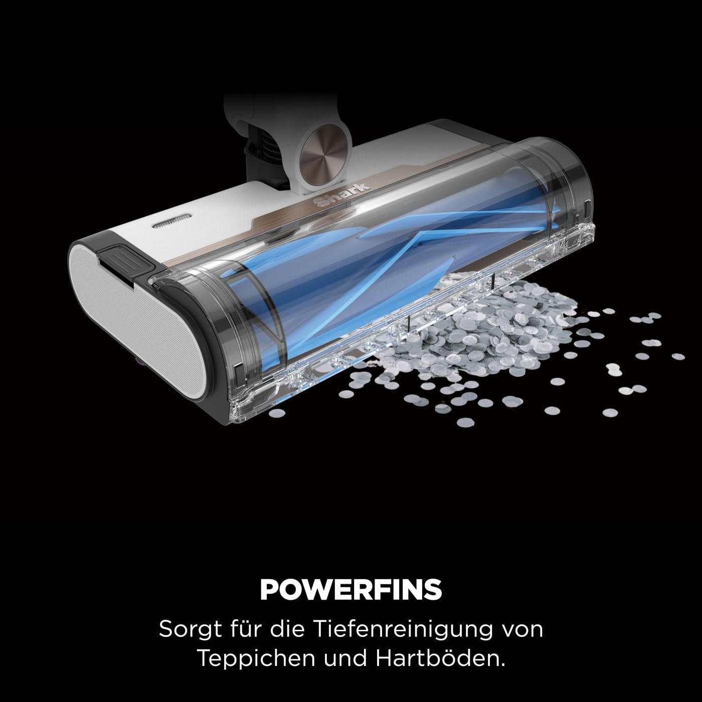 Shark kabelloser Akku-Staubsauger m. FloorDetect, Anti-Hair-Wrap, BU1120EU | PowerFins, 40 Min Laufzeit, LED-Display, Staubsauger kabellos & Handstaubsauger-Modus m. Fugendüse, Weiß und Marineblau