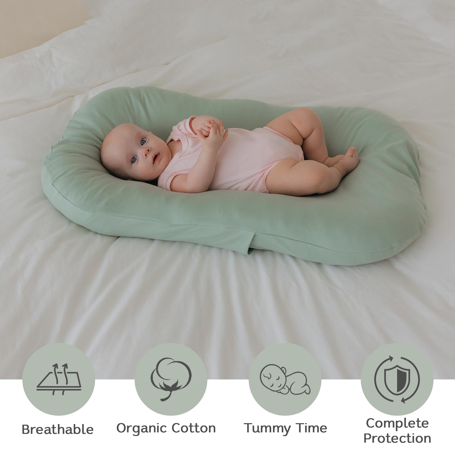 Aila + Aiden Baby Lounger | Organic Cotton Infant Lounger | Adjustable & Portable Floor Lounger | Supervised Use | Soft, Breathable, Washable Cover - Snuggle Collection - (Sage) - Image 4