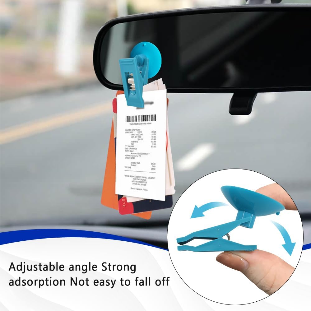 2PCS Suction Cup Card Bill Clip, Car Suction Cup Clips, Sun Shade Window Reusable Strong Metal Ticket Paper Towel Clamp, Round Auto Sun Shade Window Clamp for Car Office Home (Blue) image 5