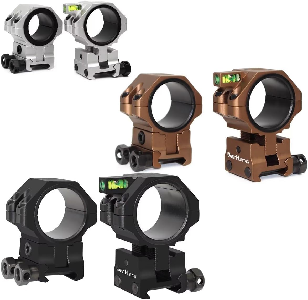 WestHunter Optics Precision Picatinny Scope Rings, 34 mm Tube Adjustable Height Scope Mount with Bubble Level, 30 mm & 25.4 Adapter | 34mm - 40mm Center Height