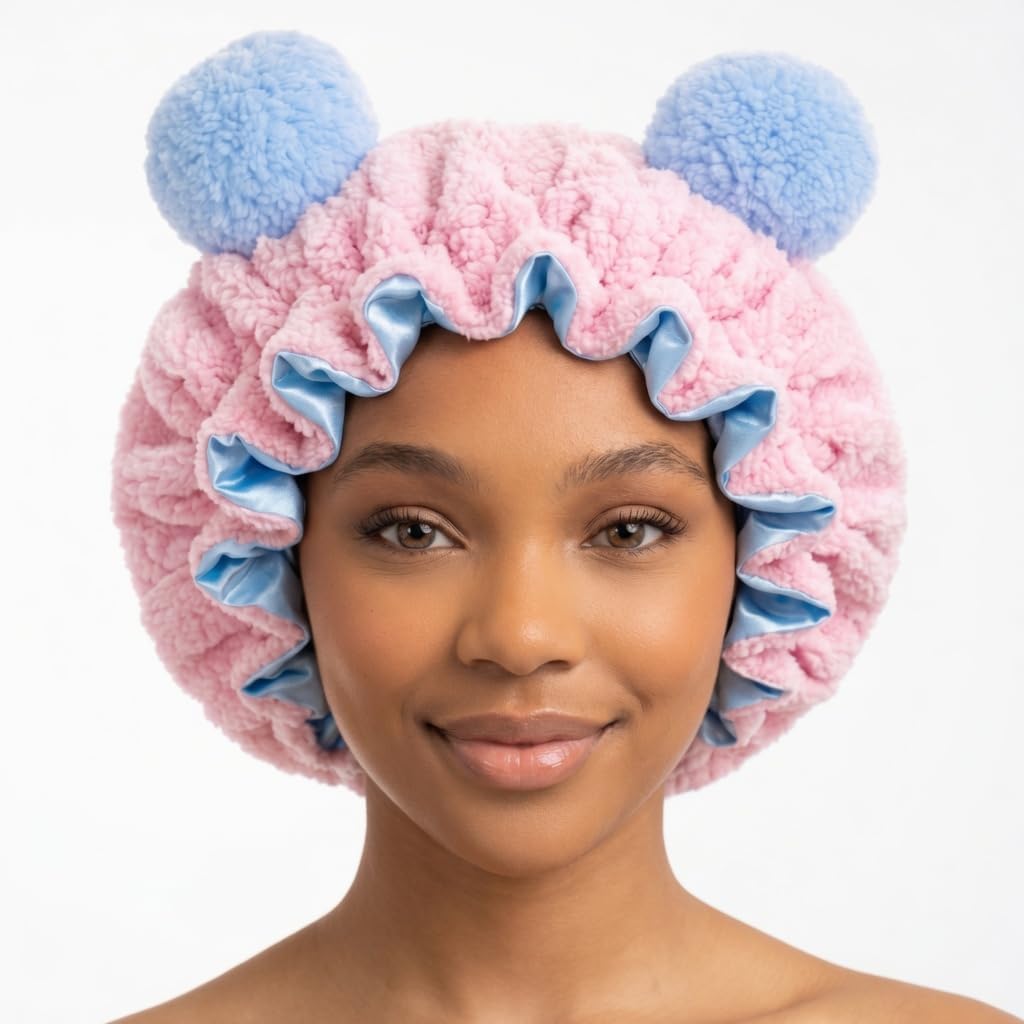 Large Plush Bonnet with Animal Ears for Women & Teens – Premium Oversized Satin-Lined Sleep Cap for Long Hair, Braids & Locs – Luxury Fuzzy Hair Protector Light Pink