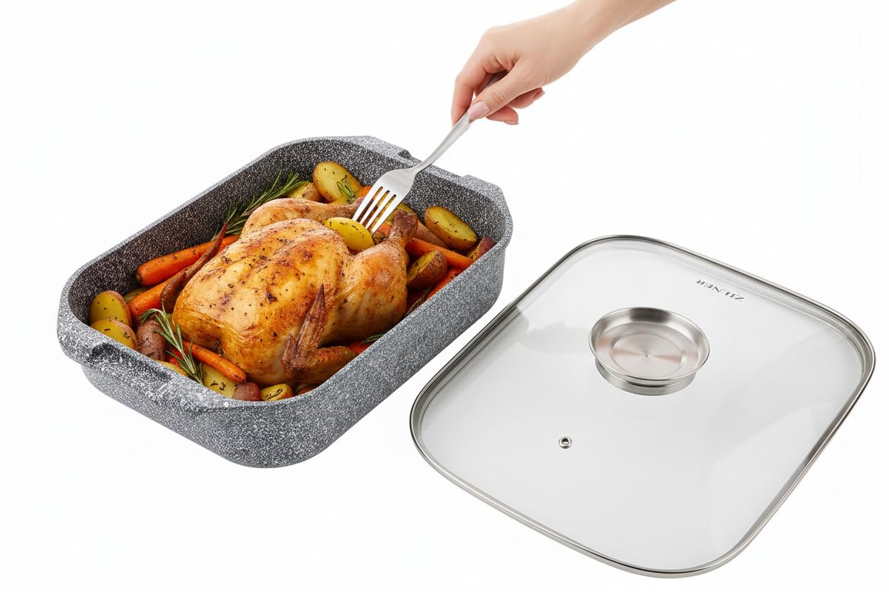 Bräter mit Deckel 6 L, Keramik-Marmor-Beschichtung, Grau