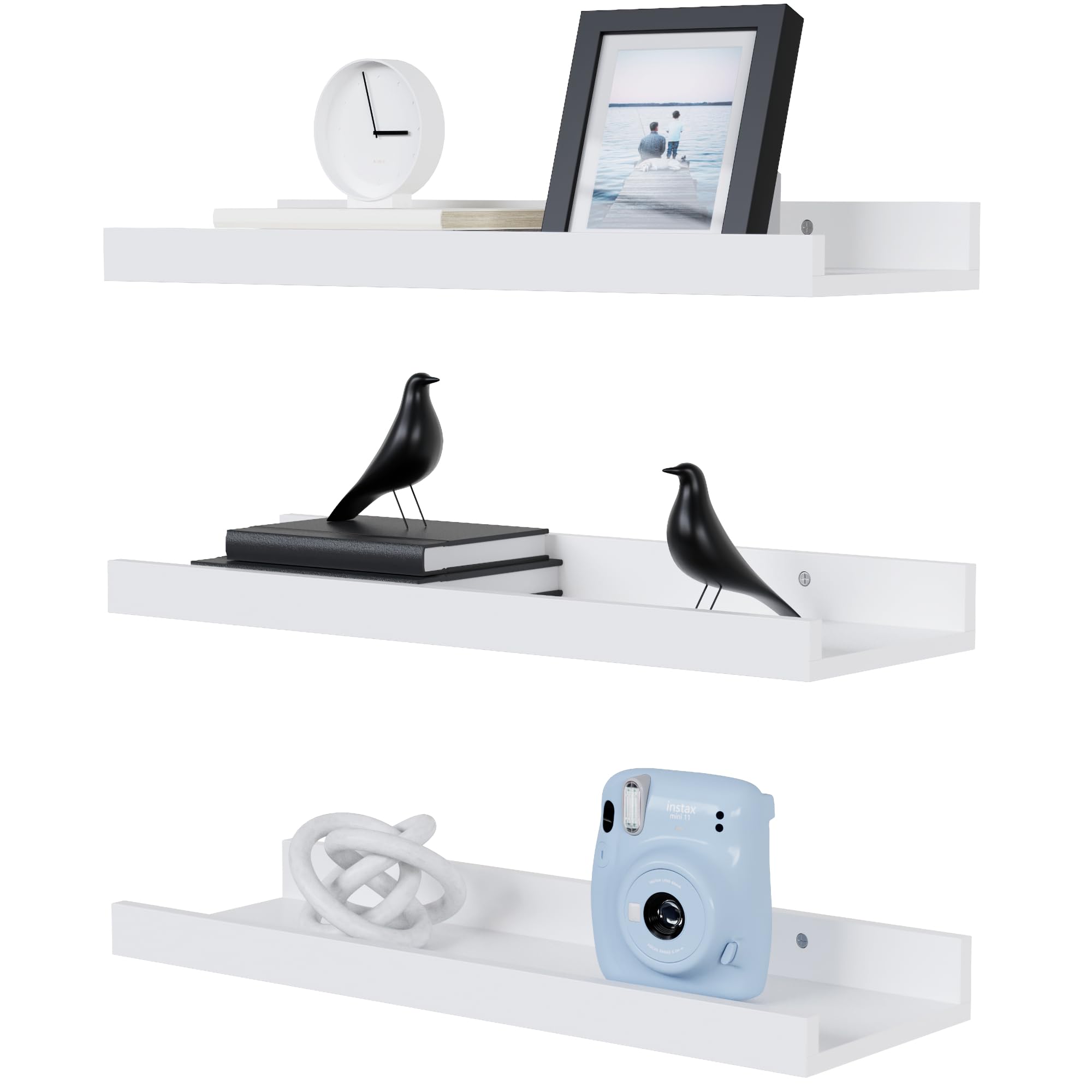 DOLLFIO Floating Shelves Set of 3, White Wall Shelves with Lip, Shelves for Wall Decor, Modern Picture Ledge for Living Room, Bedroom, Nursery, Bathroom, Pictures, Books, Plants- Modern White