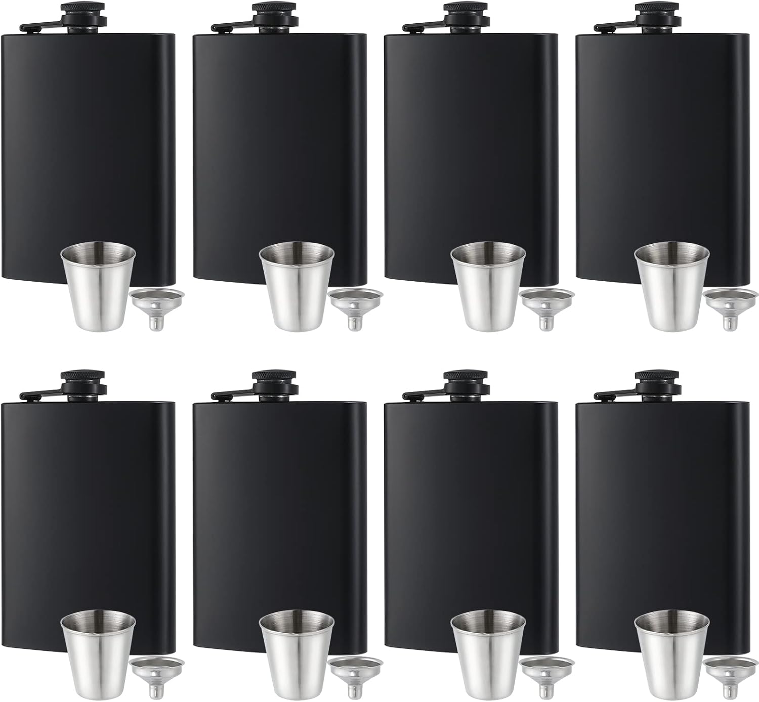 8 pcs Flask for Liquor for Men Matte Black 8Oz Stainless Steel Leak Proof with 8 Wine Glass 8 pcs Funnel Used for Gift, Camping, Outdoor Activity, Groomsman Bridesmaid Wedding Party