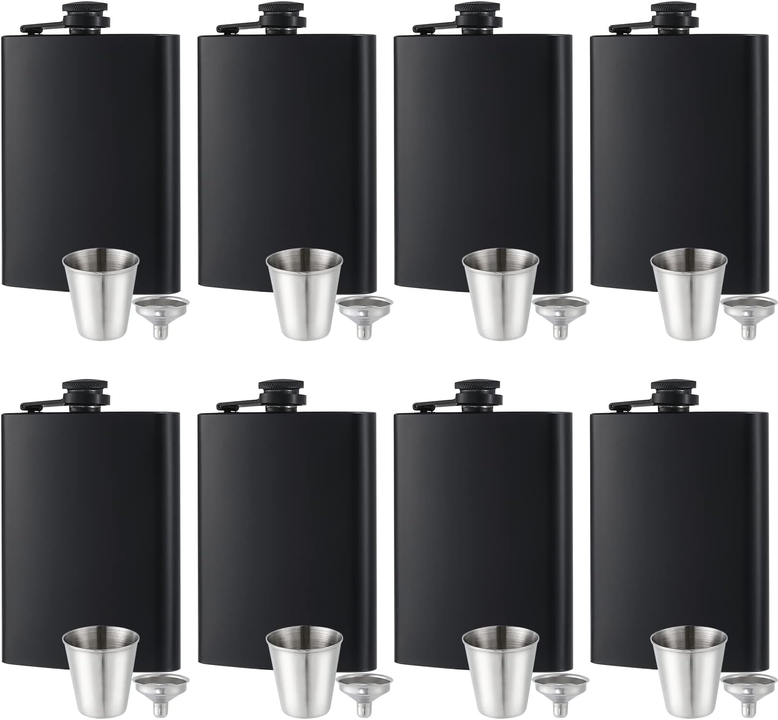 GliSun 8 pcs Flask for Liquor for Men Matte Black 8Oz Stainless Steel Leak Proof with 8 Wine Glass 8 pcs Funnel Used for Gift, Camping, Outdoor Activity, Groomsman Bridesmaid Wedding Party