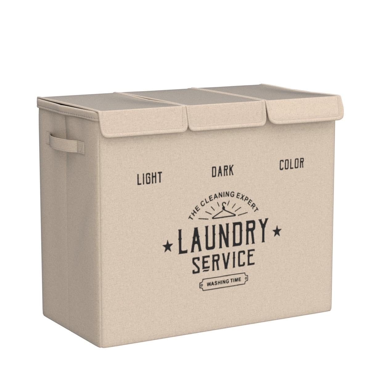 DuneDesign Wäschekorb 3 Fächer mit Deckel - 84L Wäschesammler Beige - Wäschesortierer für Schmutzwäsche - Wäsche Organizer Badezimmer Schlafzimmer - Laundry Basket mit Trennsystem Ordnungssystem