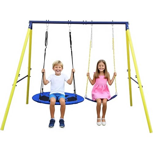 Swing Sets for Backyard, Heavy-Duty Metal Swing Frame, Swingsets Kids with 1 Saucer & 1 Belt Seat, Double Swing-Sets for Outdoor Deck Grass Playground