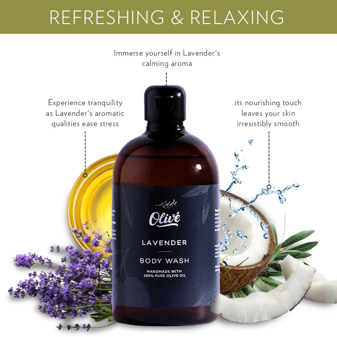 Natural Olive Oil Gift Box Five Piece Lavender Scent Body Wash 500ml Hand Wash 500ml Two 125g Bar Soaps With Exfoliating Loofah Moisturizing Gentle Cleanse Set for Face Body and Sensitive Skin