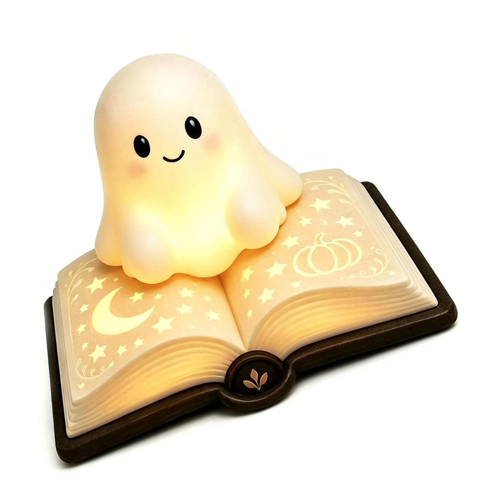 Halloween Bookshelf Decor Lamp with Smiling Storybook Character and Open Book Design, Warm Light Accent for Readers, Teachers, and Desks Ghosty Night Light Halloween Book Lamp Bookshelf Decor Reading
