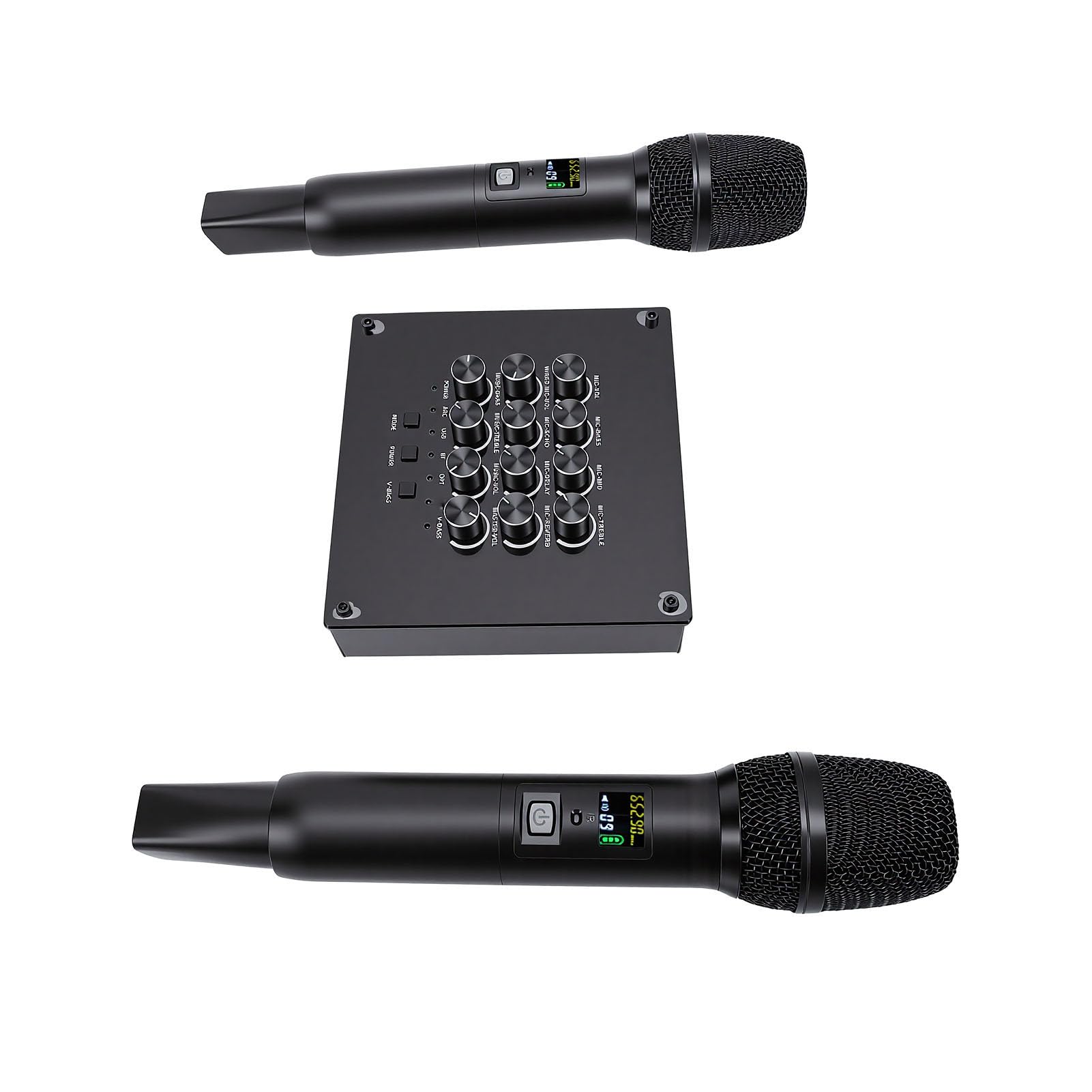 Podwójny Ręczny System Mikrofonów Bezprzewodowych ze Zintegrowanym Korektorem, Mikserem Karaoke do Karty Dźwiękowej, Głośnikiem, Instrumentem, do Użytku na Scenie