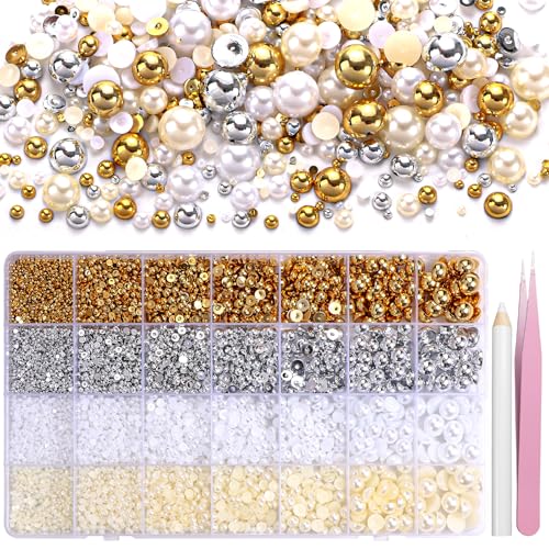 20000Pcs Gold Silver White Half Pearls for Crafting, Flatback Half Round Pearl for Nails, 6 Sizes ABS Pearl Beads Gems for Nails Art DIY Crafts Embellishment Shoes Clothes Bags DIY Making