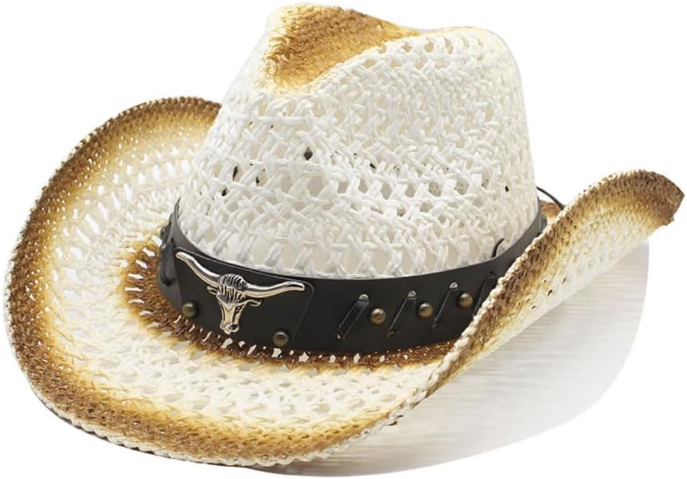 Western Cowboy Hat, White Straw with Brown Trim, Studded Band, Longhorn Bull Emblem