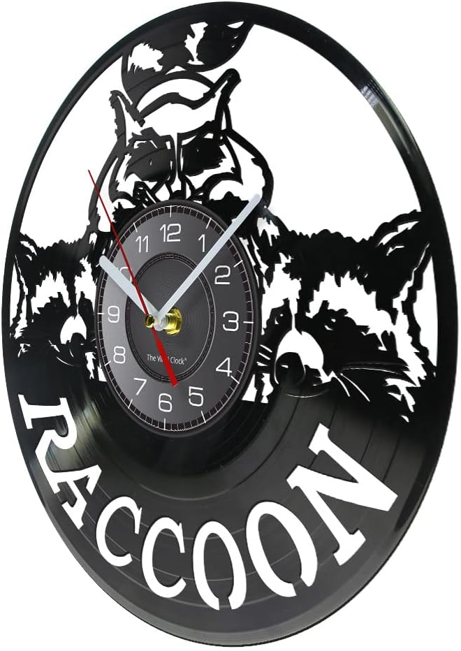 12'' Raccoons Vinyl Record Wall Clock, Raccoons Family Nature Wildlife Silent Quartz Non Ticking Decorative Hanging Wall Clock Watch Battery Operated for Kids Room Living Room Decor
