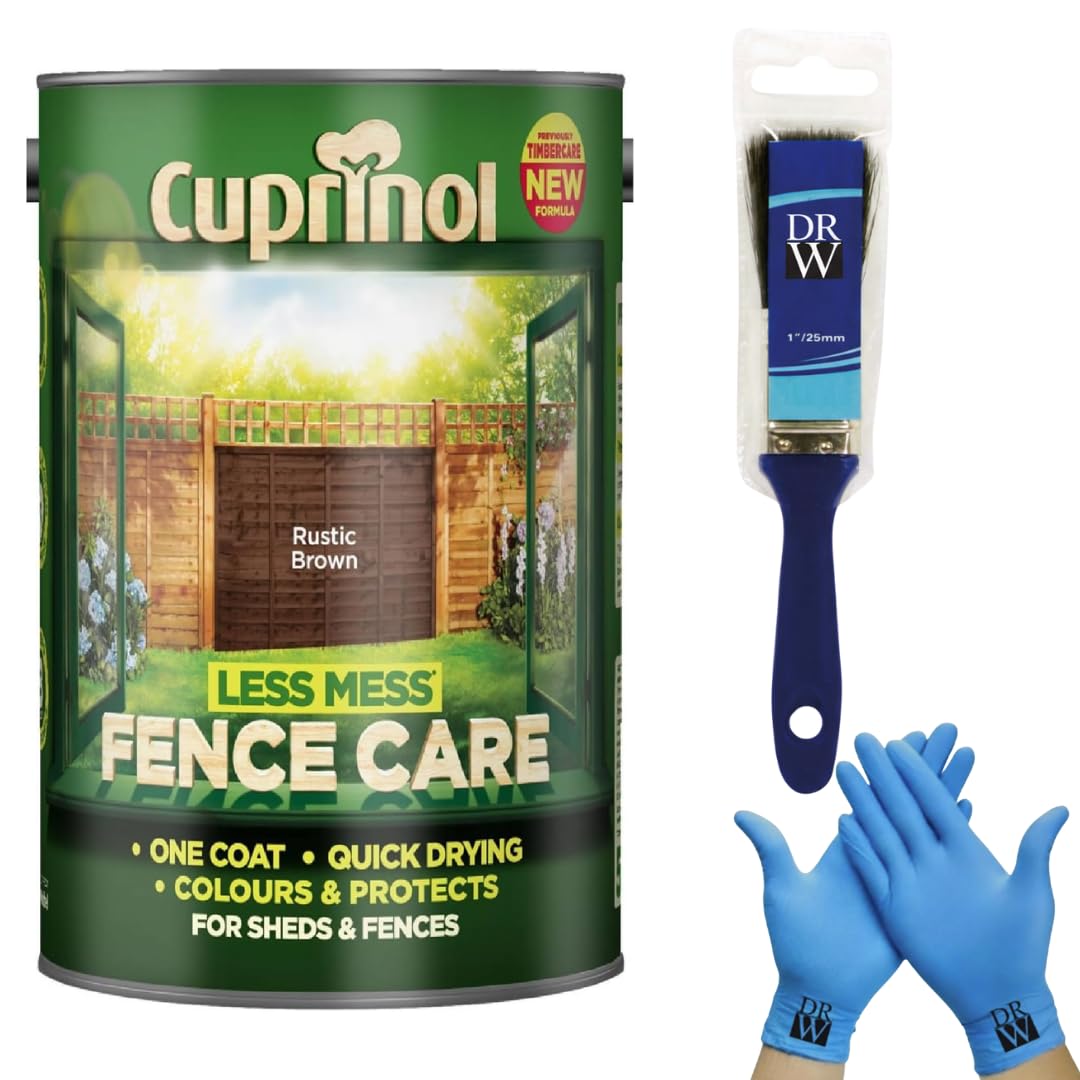 Cuprinol Less Mess Rustic Brown Fence Care Stain 6L + Free 4 Inch Fence Paint Brush & Nitrile Gloves – One‑Coat Coverage, Quick Drying, Rich Colour & Low Odour