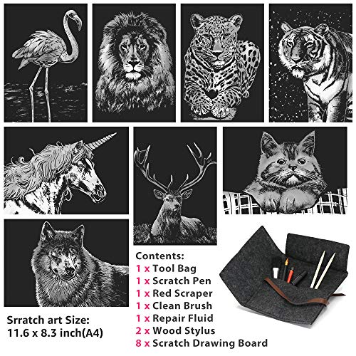 scratch art for kids amp adults rainbow painting night view scratchboarda4 crafts set 8 sheets scratch cards with 6 tools in bag - unicornflamingocatdeerliontigerleopardwolf animal series