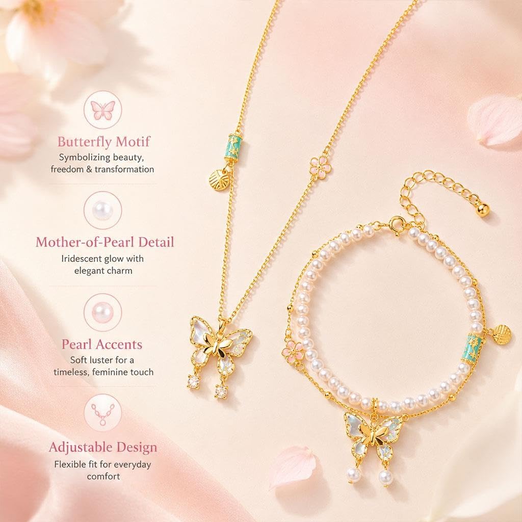 Set De Joyería De Mariposa De 2 Piezas, Collar Y Pulsera
