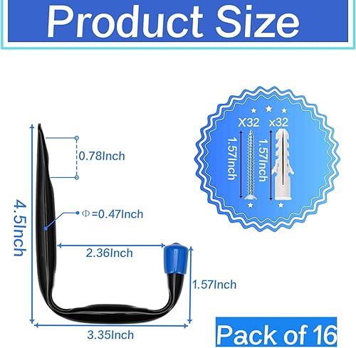 Miniatura 2 de Ganchos de almacenamiento de garaje, 16 piezas resistentes de montaje en pared J para herramientas, cable, cable de extensión (19G-3.3 pulgadas 16)