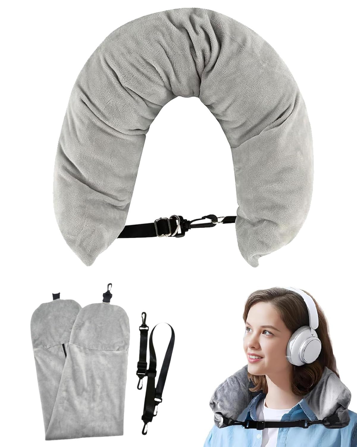 Stuffable Neck Pillow for Travel, Travel Neck Pillow, Car, Home, Flight Pillow for Sleeping with Attachable Snap Strap, Lightweight and Compact Design, Adjustable Comfort for Long Journeys, (Grey)