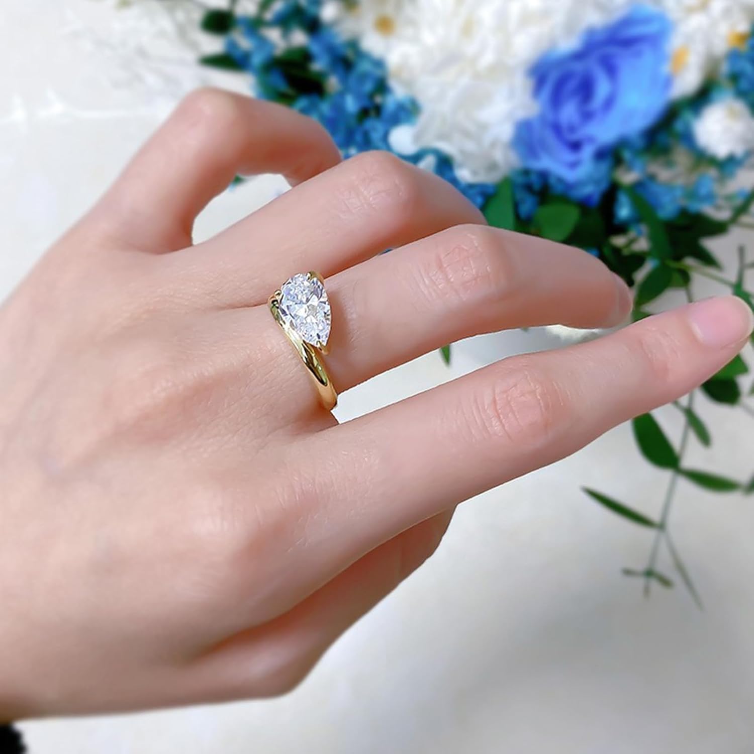 2CT Pear Cut 18k White/Yellow Gold Plated Ring for Women, D Color VVS1 Clarity Solitaire Simulated Diamond Engagement Rings, Wedding Promise Band Anniversary Ring