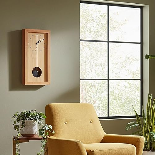 Miniatura 5 de Reloj rectangular moderno hecho en Estados Unidos con péndulo, cerezo natural y madera de arce, 16 pulgadas, estante o pared