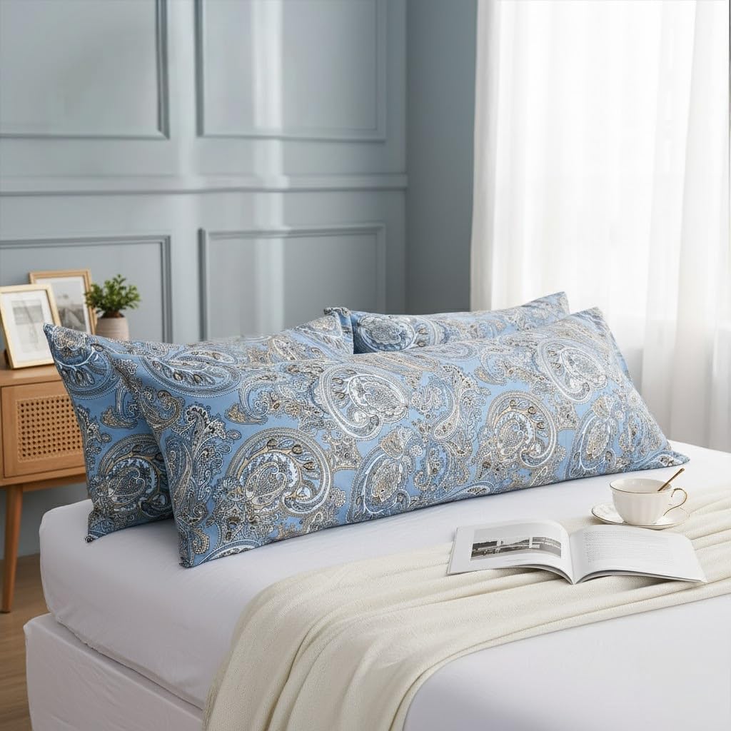 Body Pillowcases 100% Cotton Pillow Case, Blue Paisley Print, Soft Breathable Envelope Closure Pillow Cover(Body, 20"x54")