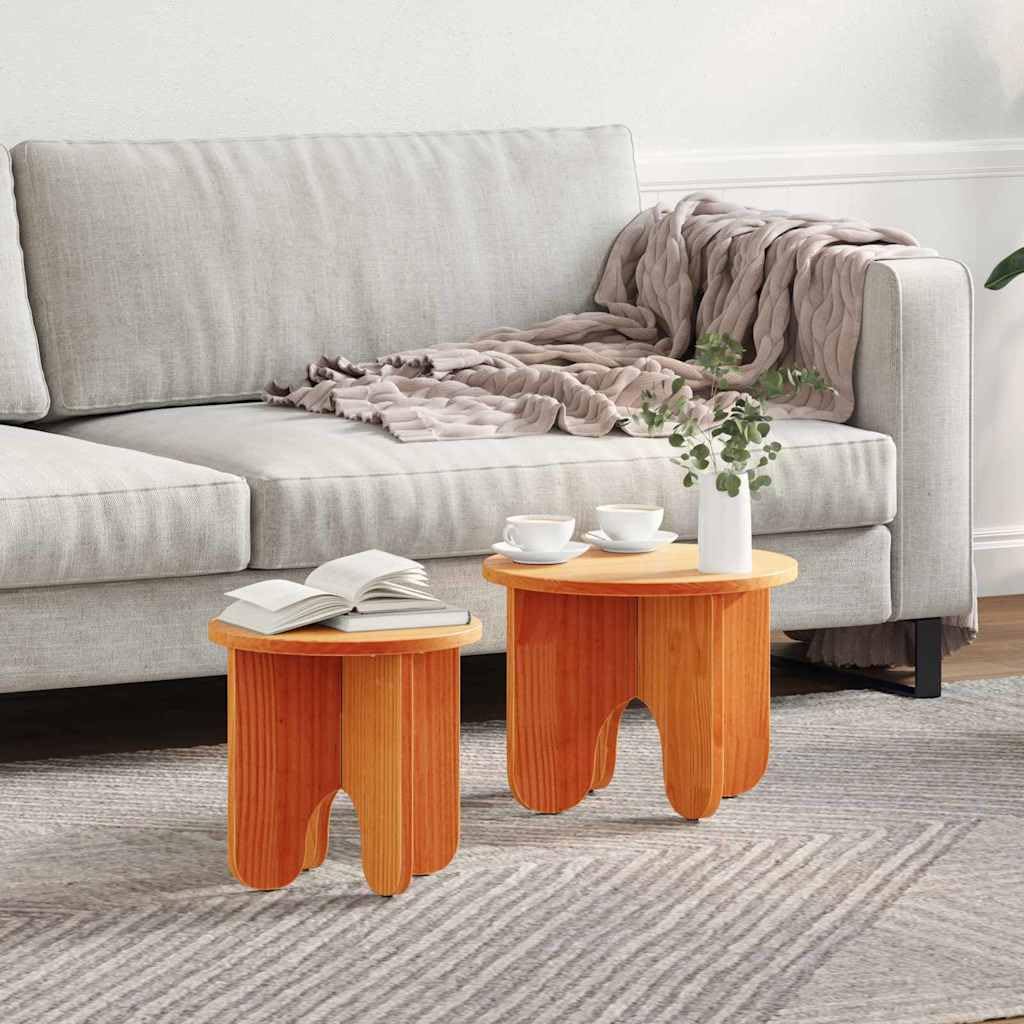 Juego de mesa de café de 2 piezas, color marrón cera, madera maciza de pino, diseño redondo para salón, mesa auxiliar moderna, fácil montaje, duradera