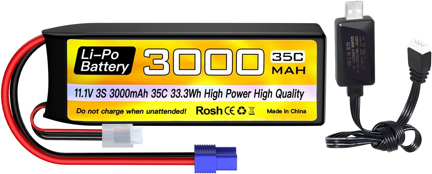 Fytoo 1PCS 3S Lipo Battery 11.1V 3000mAh 35C with EC3 Plug with 1PCS USB Charging Cable for RC Car Truck RC Boat RC Quadcopter FPV Drone Battery