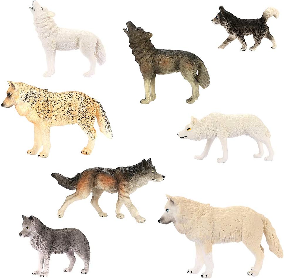 IntsunWolf Toys Figures 8Pcs, Animal Toys Wolf Figurines Zoo Pack, Realistic Hand-Drawn Figurines, Cool Collection & Exhibits Best Gift for Boys & Girls