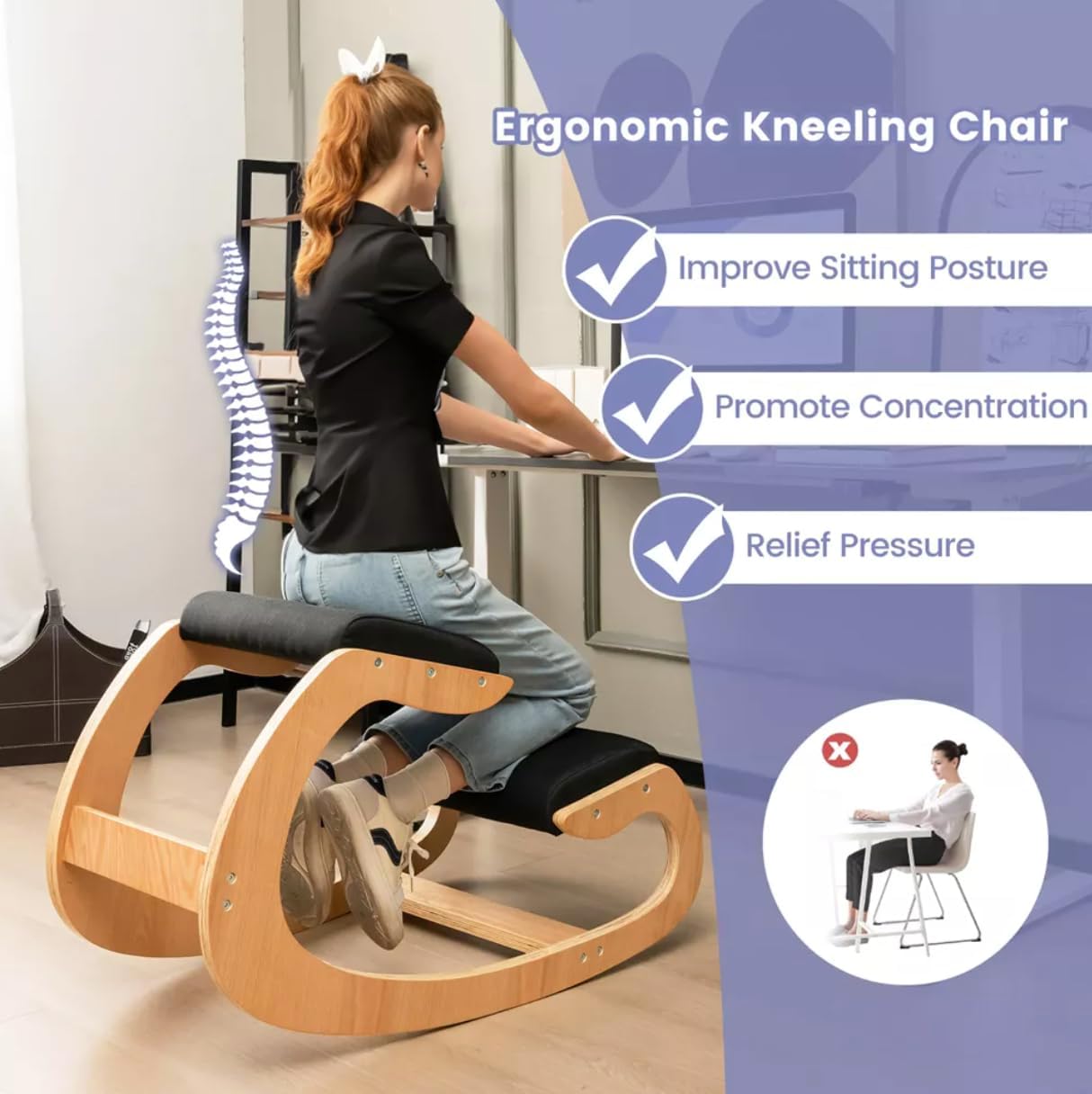 Ergonomic Kneeling Chair, Upper Mid Lower Back Posture Correction for Desk with Cushion, Solid Wood Frame, Max Load 324 Lbs, Comfortable Ergo Rocking Kneel Chair for Office Home Study (Black)