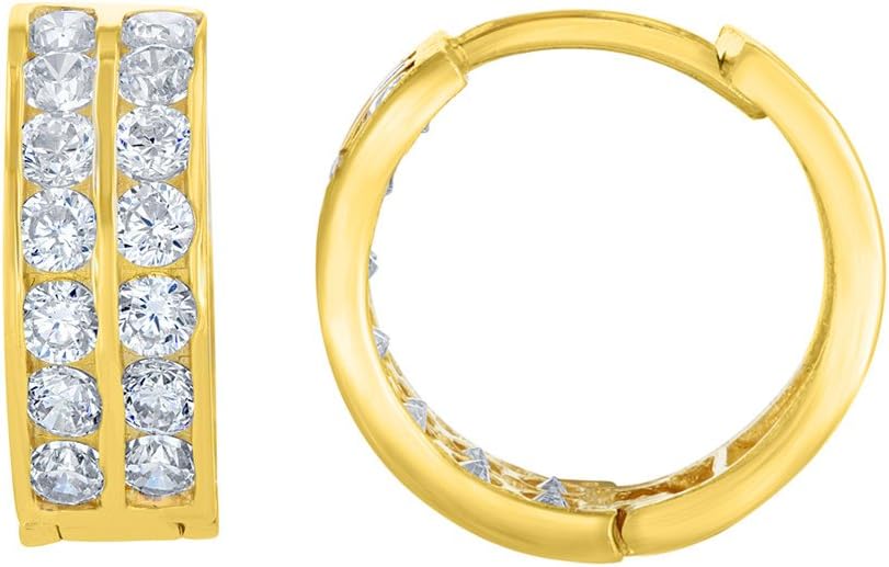 Solid 14K Yellow Gold 5mm Double Row Huggie Hoop Earrings with Cubic Zirconia