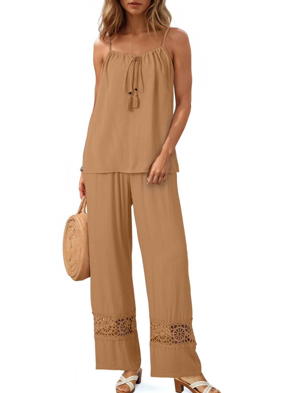 Dokotoo 2 Piece Sets for Women Summer Spaghetti Strap Tie Knot Top Lace Wide Leg Pants Set
