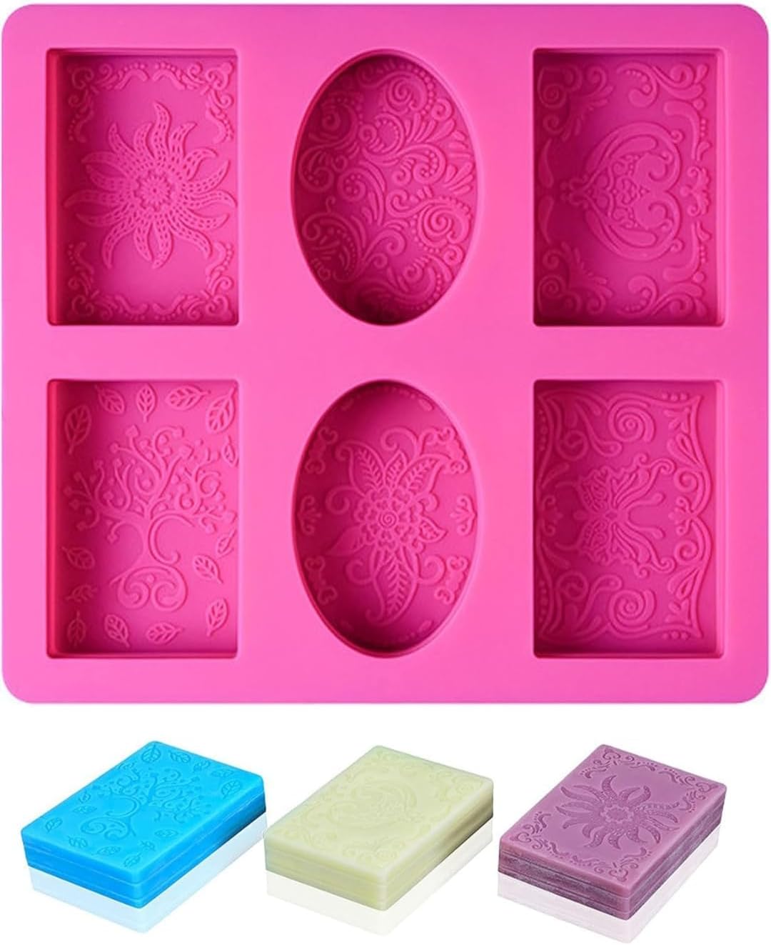 Leawall 6 Slot Oval and Rectangle soap Mould Imprint Flower, Tree Leaves, Vintage Classic Roman Design Soap Mould for Soap Making Handmade soap (1 Pcs,Multicolor)
