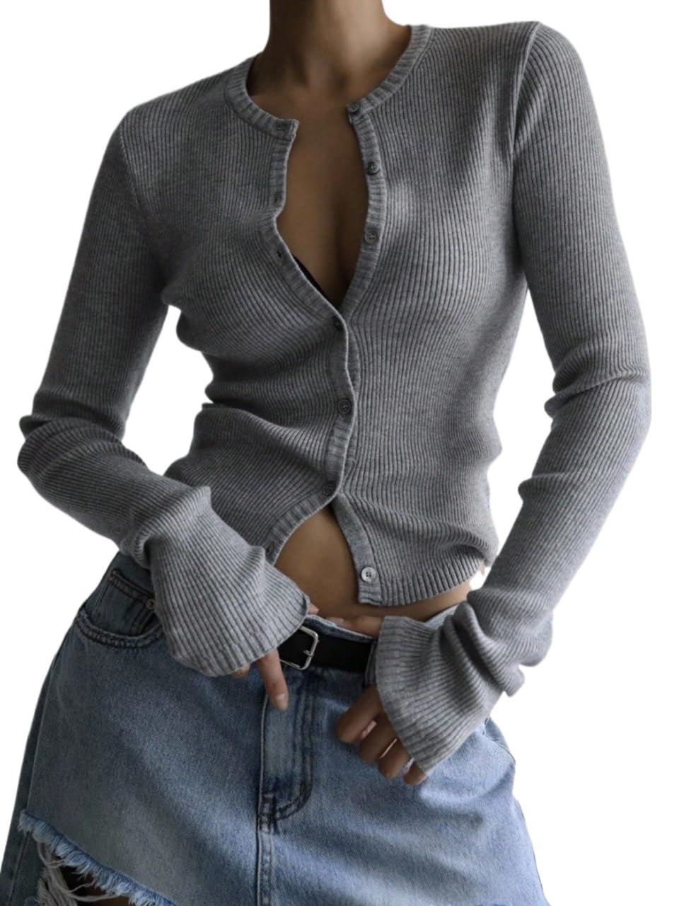 Womens Fall Trendy Button Up Solid Color High Waist Crop Long Sleeve Cardigan for Cardigan Tops