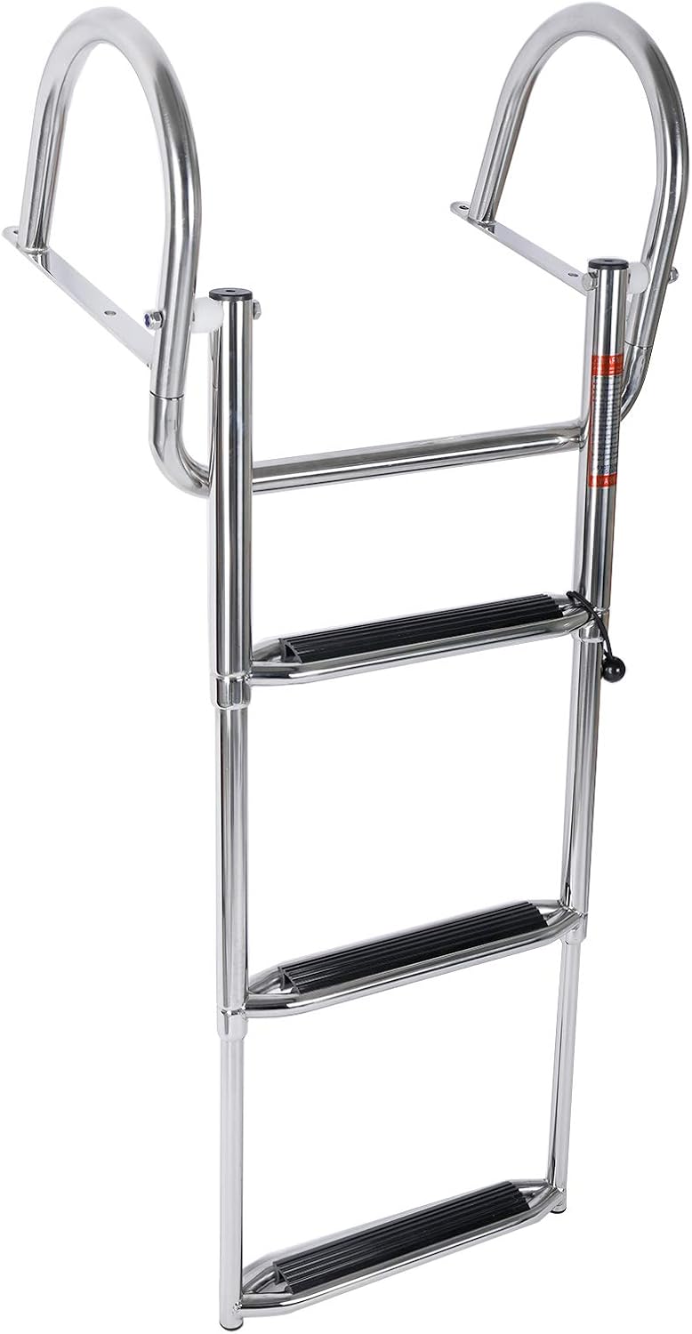 Amarine Made Stainless Steel in-Board 3 Steps 14‘’ Wide Telescoping Ladder Folding Dock Ladder with Double Pedals for Marine Boat Yacht Swimming Pool 550lbs Capacity
