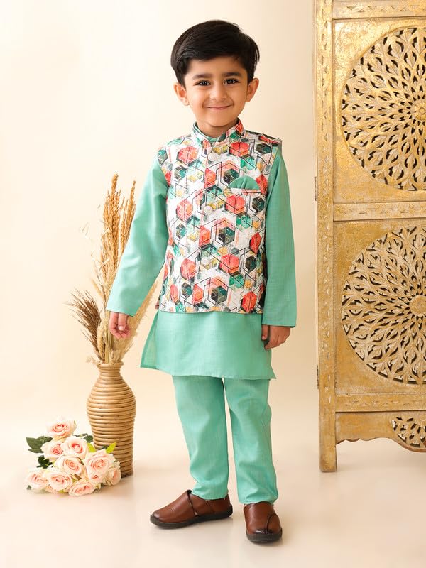 Image of superminis Boys Cotton Printed Full Sleeves Kurta Pyjama with Jacket Ethnic Wear Set