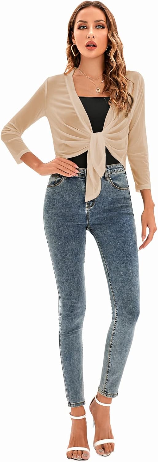 Womens Tie Top 3/4 Sleeve Shrug Bolero Cardigan Lightweight Shrug - Image 4