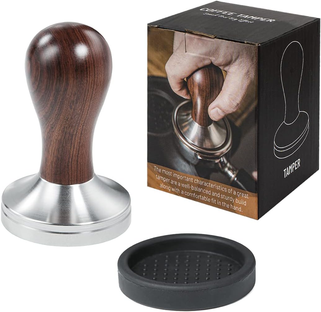 Coffee Tamper 51mm Espresso Press with Tamper Mat 304 Stainless Steel Flat Base Wooden Handle for Coffee Grounds Barista Espresso Machines Accessory