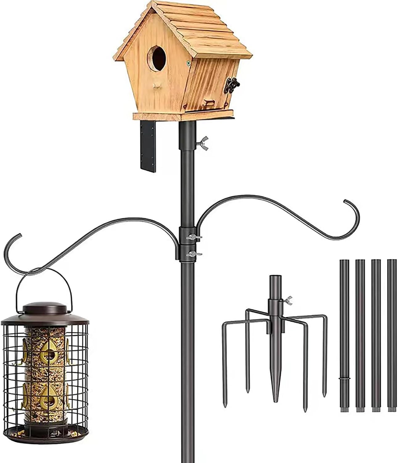 92 Inch Black Adjustable Heavy Duty Bird Feeder Pole for Outdoors Bird House Pole for Garden with Squirrel Proof Baffle 4 Shepherd Hooks Birds Feeding Station with 5-Prong Base for Yard, Garden