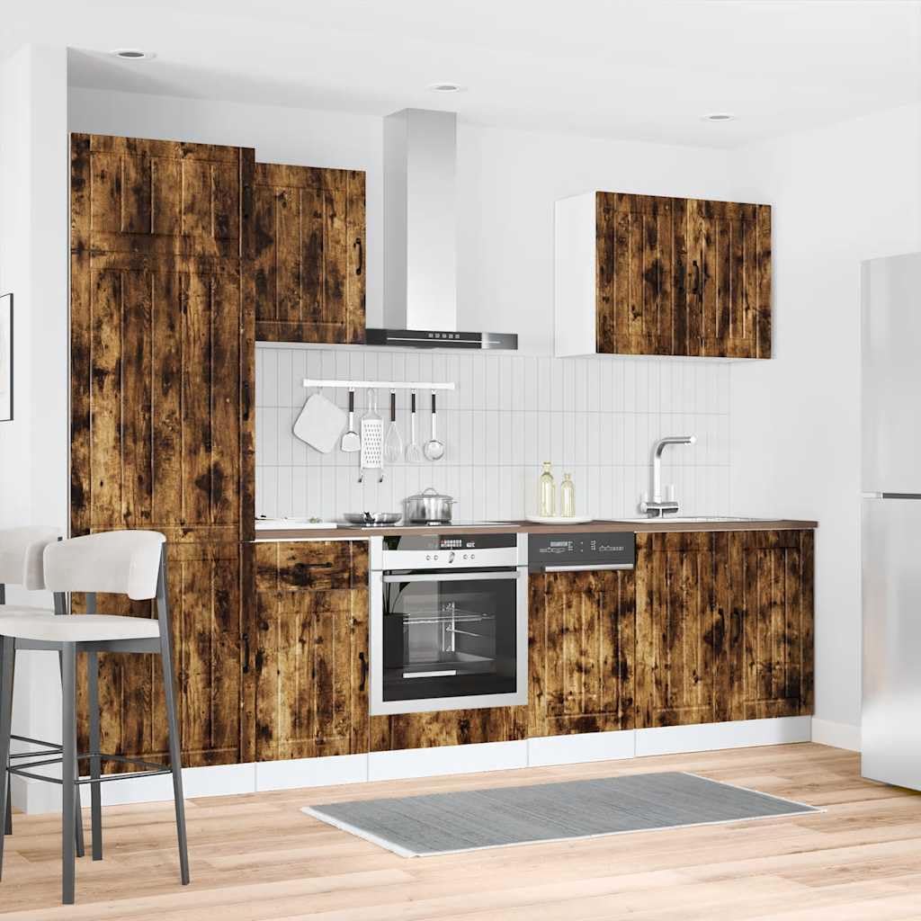 Set Mobili da Cucina 7 Pezzi Lucca Rovere Fumo in Truciolato | Soluzione modulare salvaspazio per la cucina con scomparti capienti e piedini regolabili in altezza.