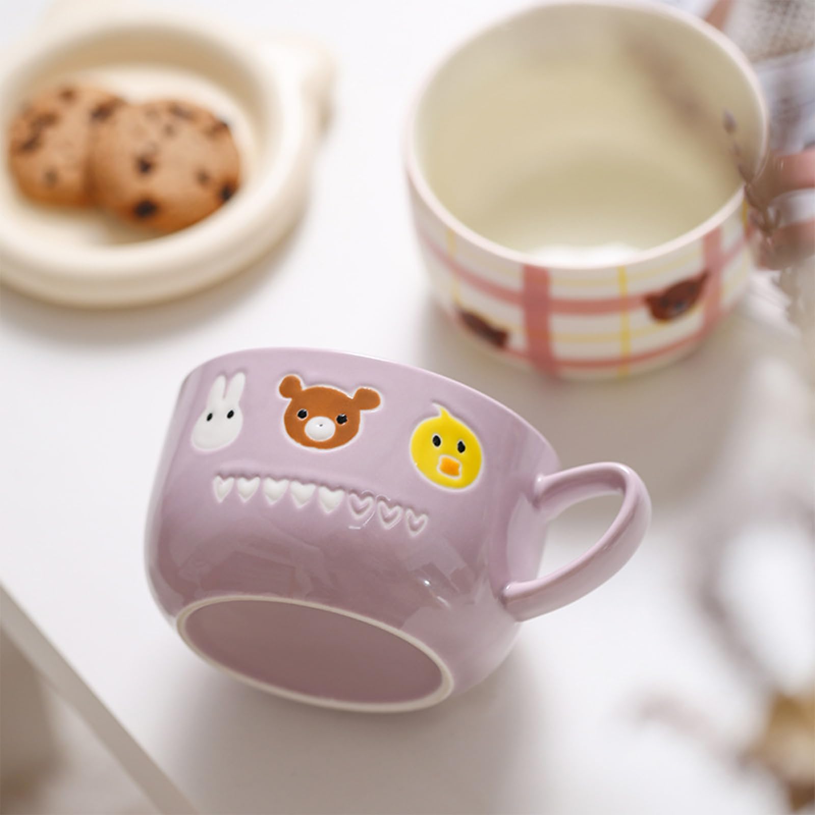 Soulnioi Ceramic Coffee Mug, Cute Bear Cappuccino Cup with Lid, 400ML Breakfast Oatmeal Cup Tea Milk Cup for Gift - Purple - Image 3
