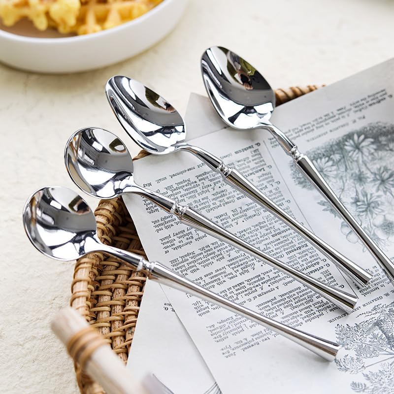 Silverware Flatware Set, 1/4/6/8 Pieces small waist restaurant household 304 stainless steel coffee spoon tea spoon tableware round spoon(6 Pieces)