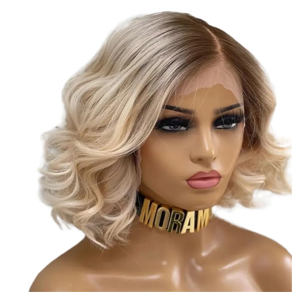 Ombre blond peruki damskie falowane peruki do ramion z linią włosów koronkowe wstępnie przycięte, środkowa część naturalna syntetyczna efekt naturalny i obszerna (14 cali)