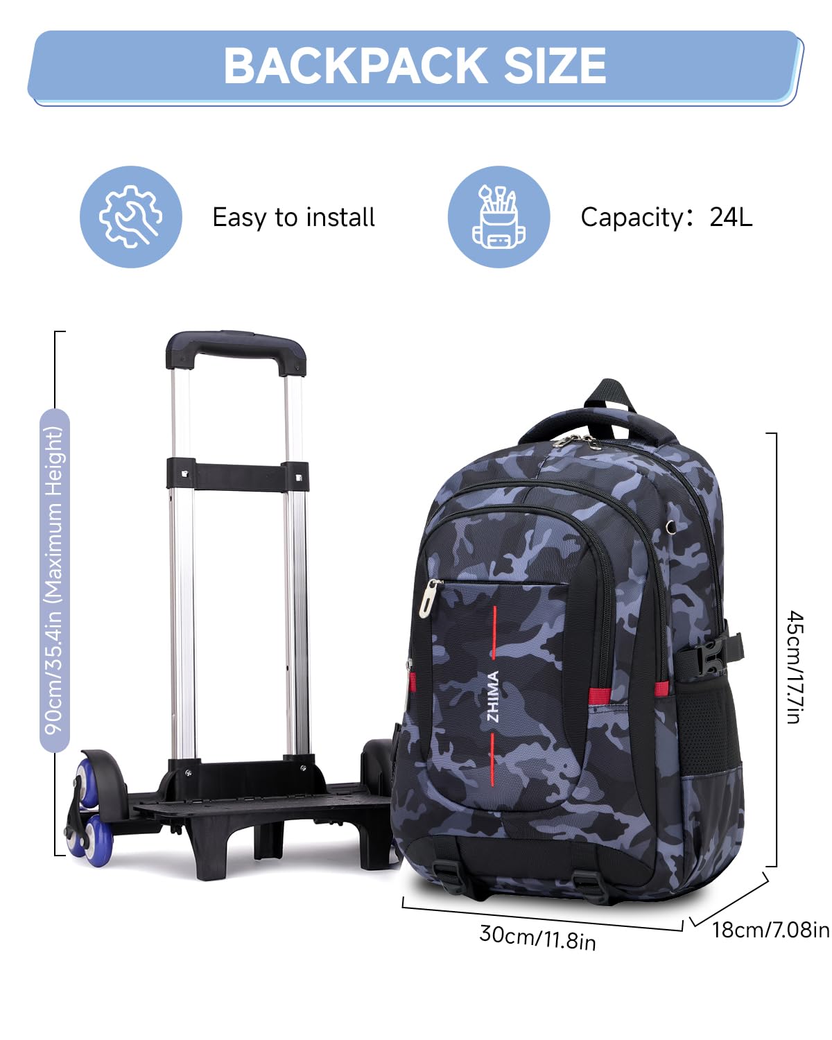 Amythe Zaino Scuola con Ruote per Ragazzi 6 Ruote Camouflage Nero | Trolley Scolastico con Carrello Estraibile, Zaino Ragazzo Scuola Elementare Medie e Superiori, PC 15.6", Ritorno / Viaggi