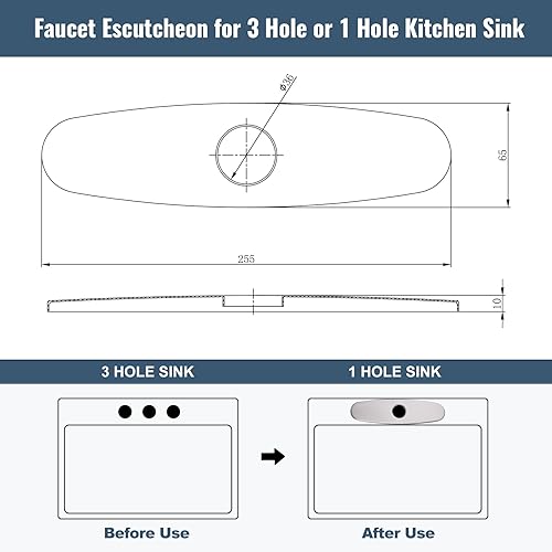 Miniatura 7 de ALEASHA Placa de grifo, cubierta de fregadero de cocina, placa de acero inoxidable para grifo de fregadero de baño o cocina de 1 o 3 agujeros,