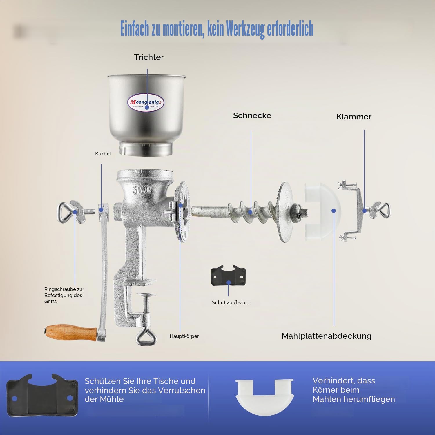 Moongiantgo Getreidemühle Manuelle mit 13cm Zoll großer Trichter & 4cm Tischklemme, Fräsgrobheit Einstellbar Handschleifer aus Gusseisen für Nuss, Kaffee, Getreide, Samen, Mais, Gewürze